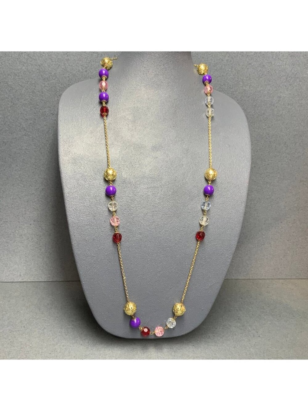 Filigree Beaded Multi-Color Necklace 36 In Gold Purple Faceted Vintage Retro 70s